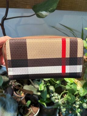 Check Zip-Around Wallet in Beige, Brown & Red Stripe